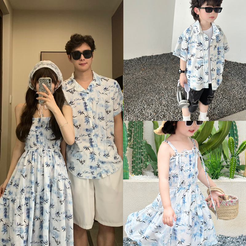 Resort Shirt Floral - คู่รีสอร์ทดูพ่อแม่และเด็กเสื้อผ้าหน้าร้อนครอบครัวจับคู่เสื้อผ้าวันหยุดแม่ลูกเสื้อลูกชายพ่อชุดเดรสว่ายน้ำ