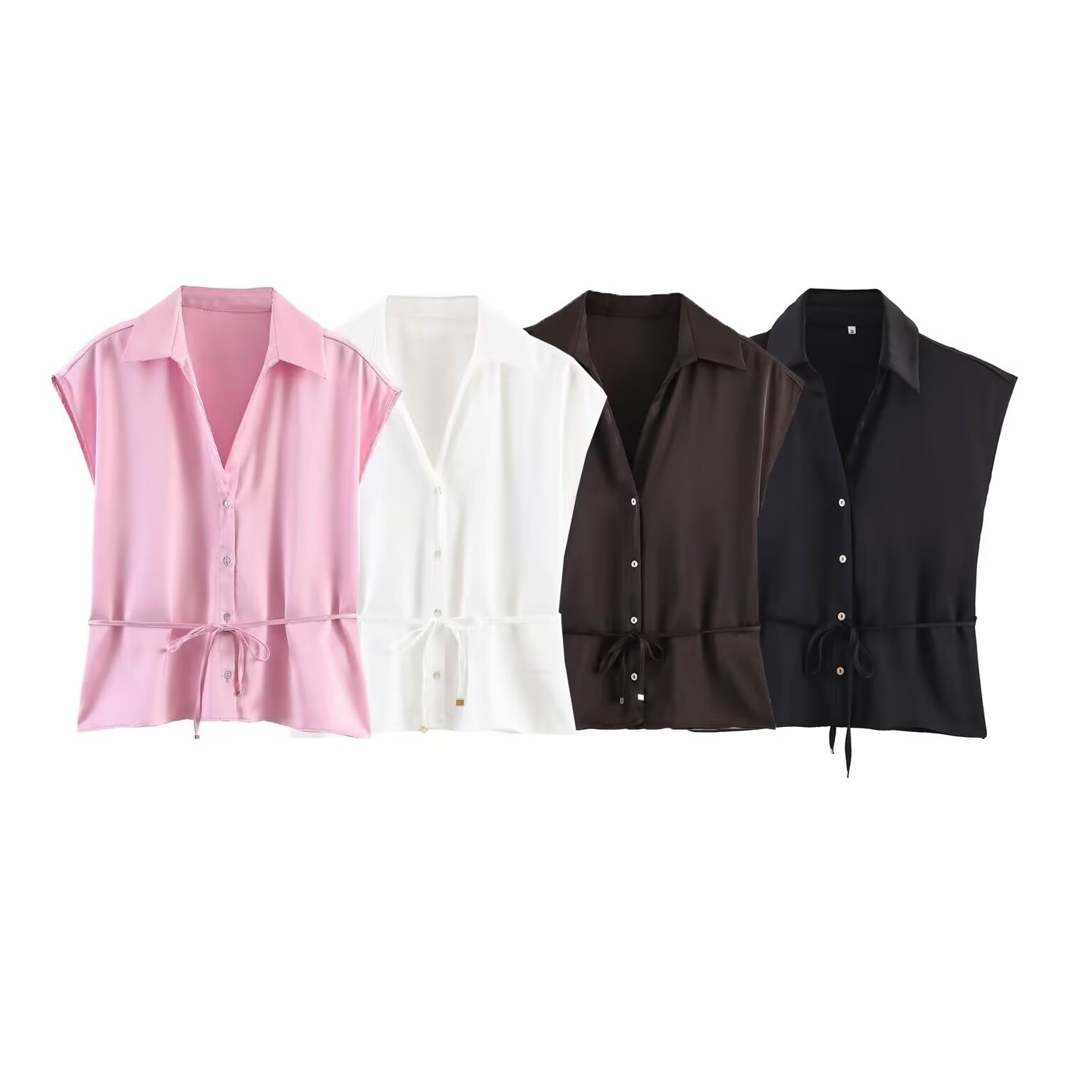 Shirt Camp Collar - เสื้อเชิ้ตผู้หญิงแฟชั่น Willshela พร้อมเข็มขัด แบบกระดุมแถวเดียว คอปกวินเทจ แขนกุด