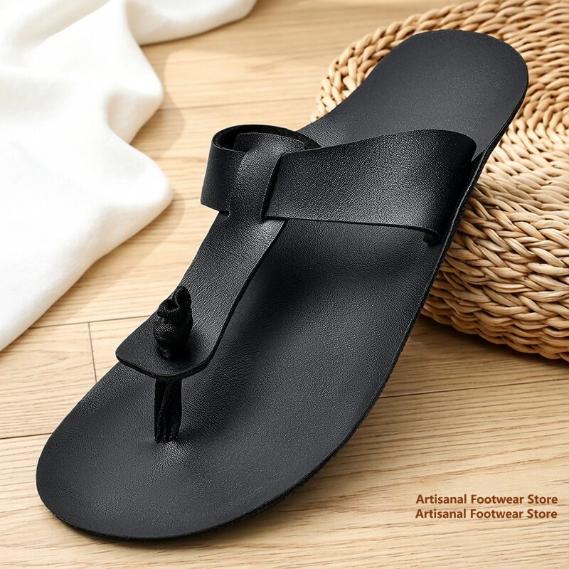 Flip Flop Leather Men - รองเท้าแตะหนังสไตล์เรโทรสำหรับผู้ชาย รองเท้าแตะลำลองแบบสวมเปิดนิ้วเท้ากันลื่นสำหรับฤดูร้อน รองเท้าแตะชายหาดแบบสวมใส่สบาย